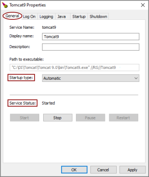 The Tomcat9 Properties window.